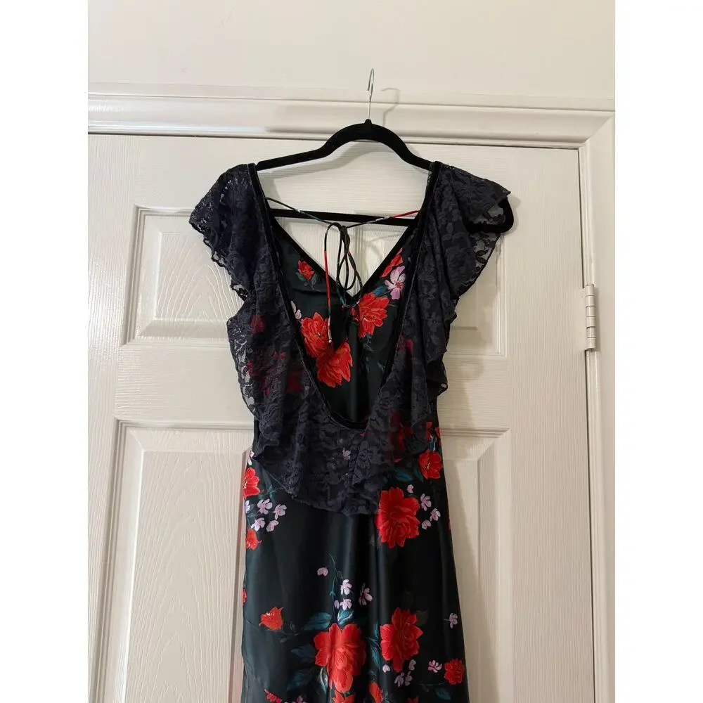 free people warm hearts midi dress black & red floral combo women size x-small